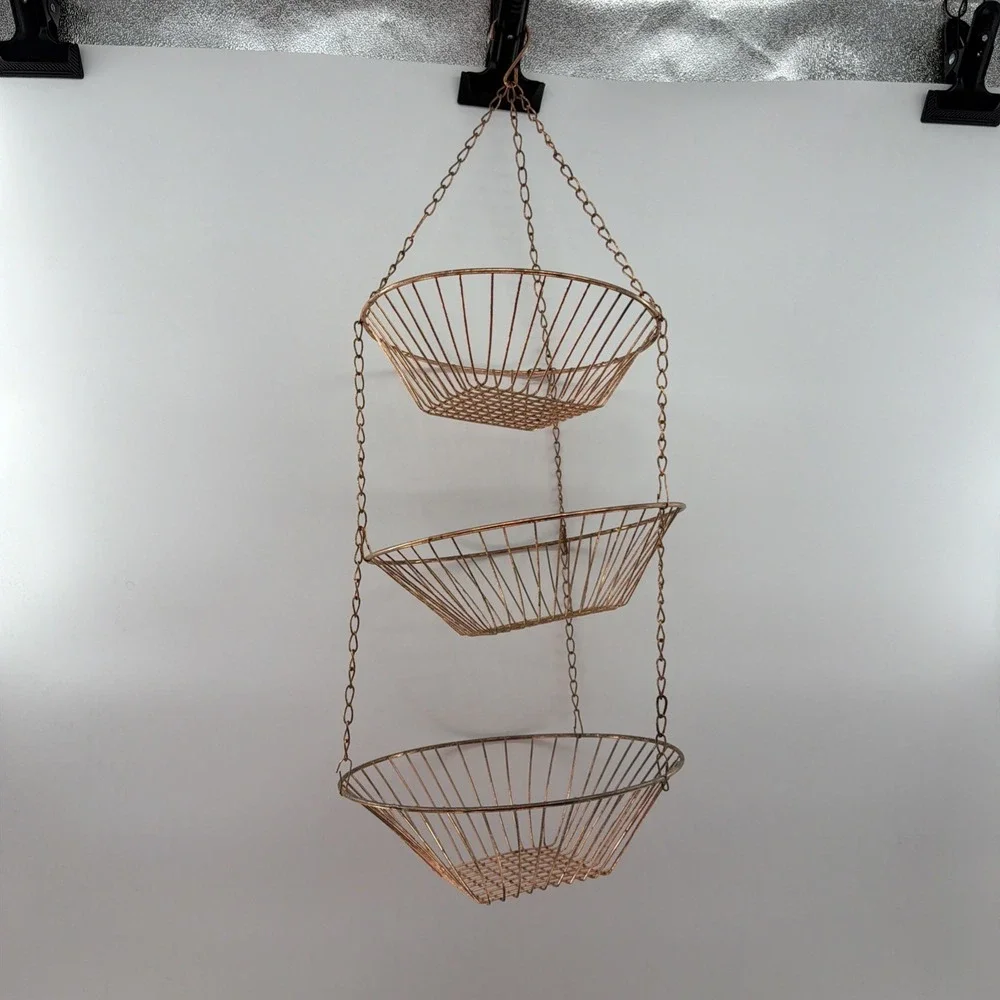 Vintage 3-Tier Metal Mesh Wire Hanging Baskets Collapsible Copper Fruit Plants